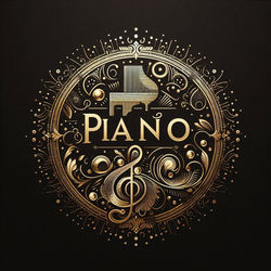 fondo negro con una nota central en color dorado y con un título que diga PIANO