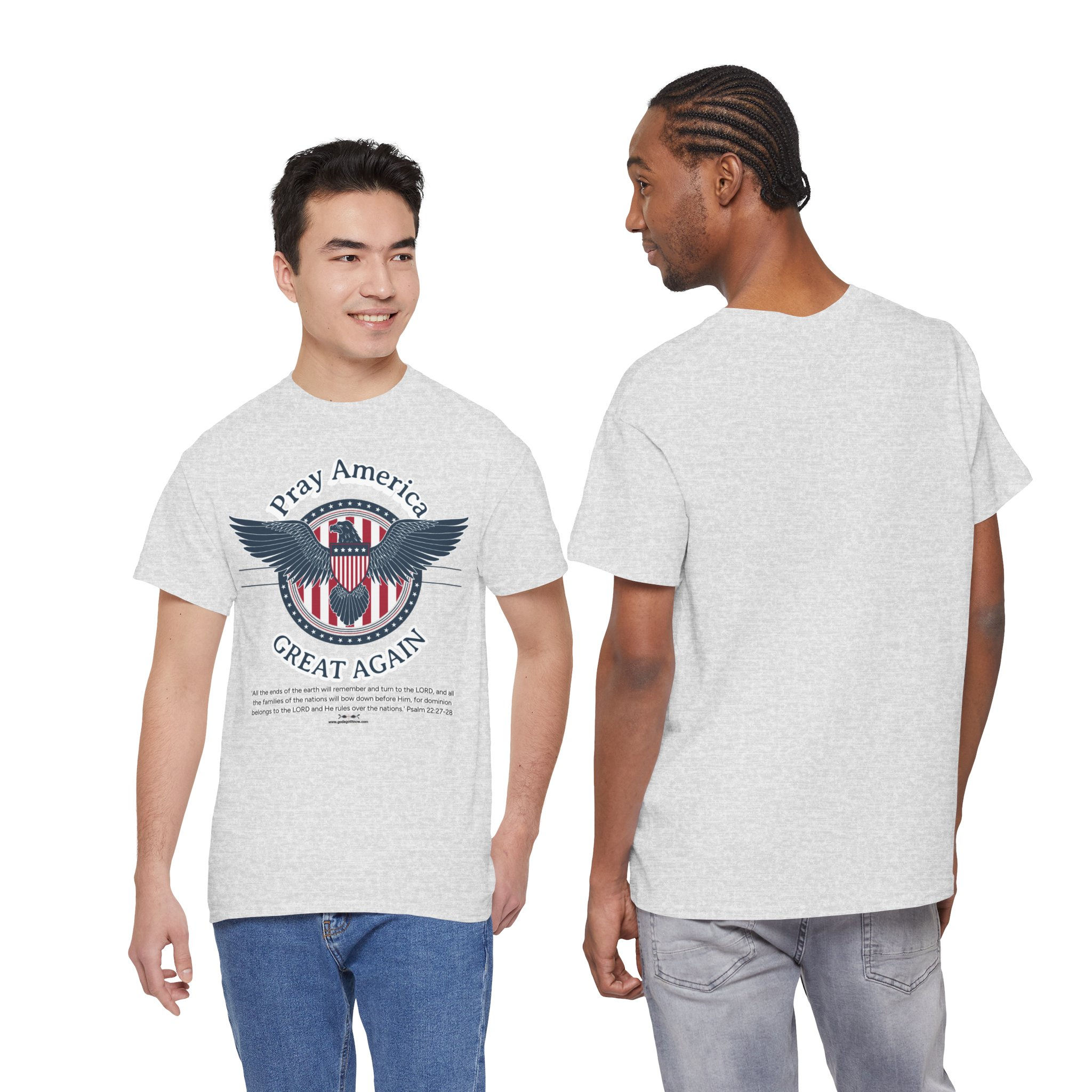 PRAY AMERICA GREAT AGAIN - USA Flag Eagle Christian Bible Verse Heavy Cotton Tee