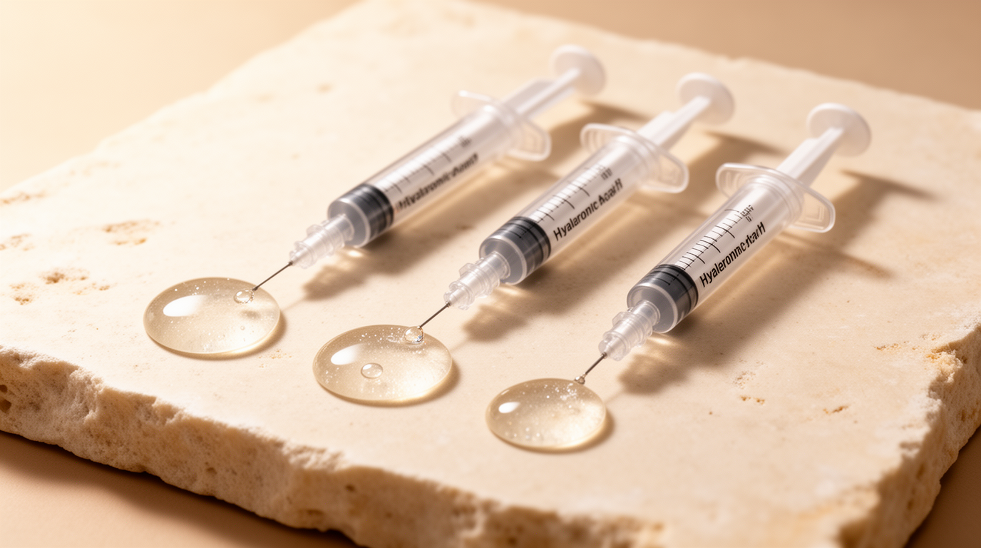Unbranded dermal filler syringes and clear gel textures illustrating that different fillers have different physical properties.