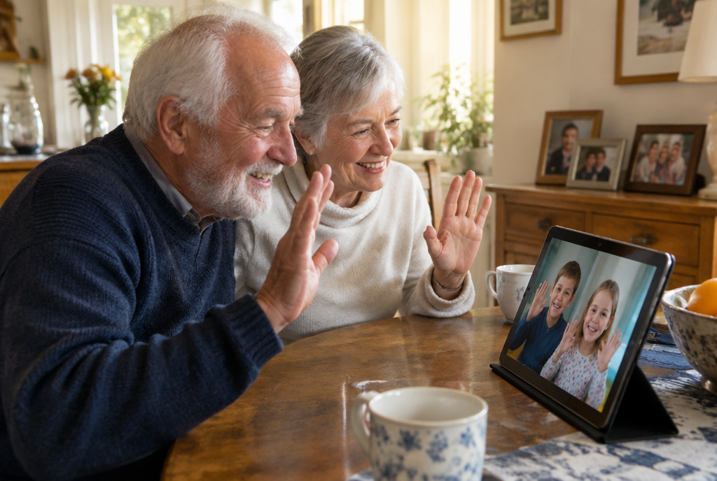 A couple smiling and waving during a video call with their grandchildren on a tablet