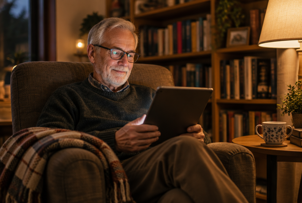 A man relaxing in an armchair, reading comfortably on his tablet