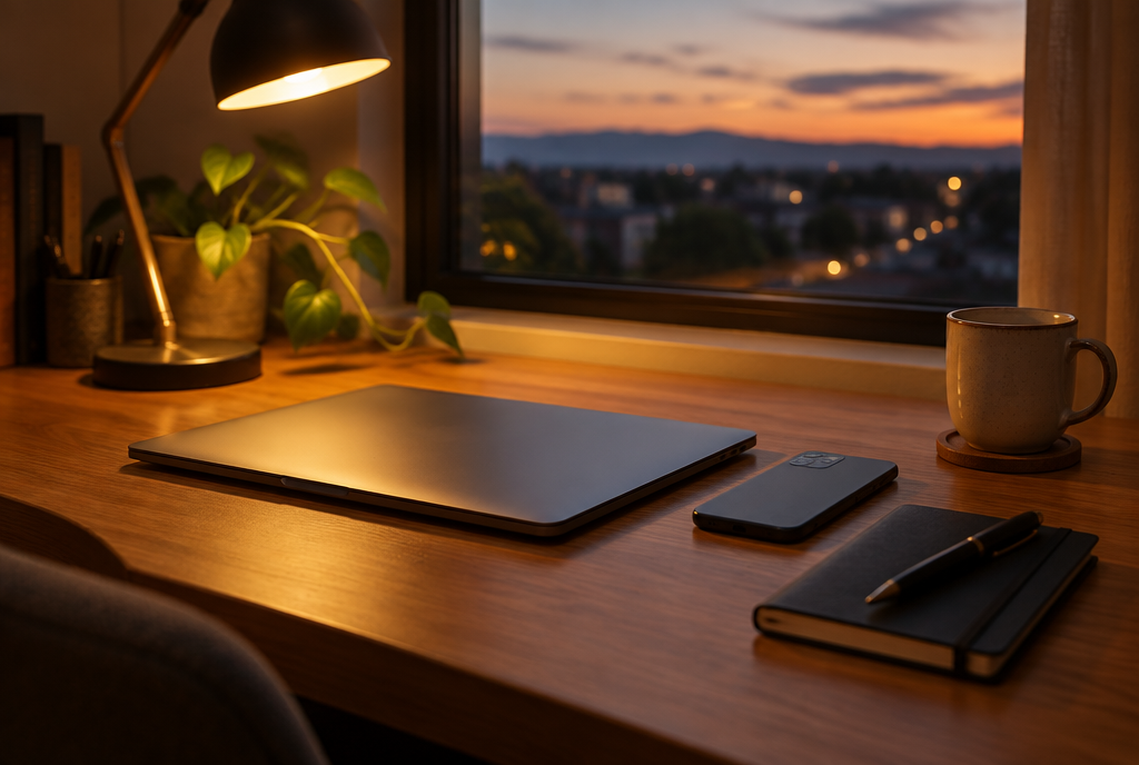 A tidy desk at dusk, everything put away, laptop closed