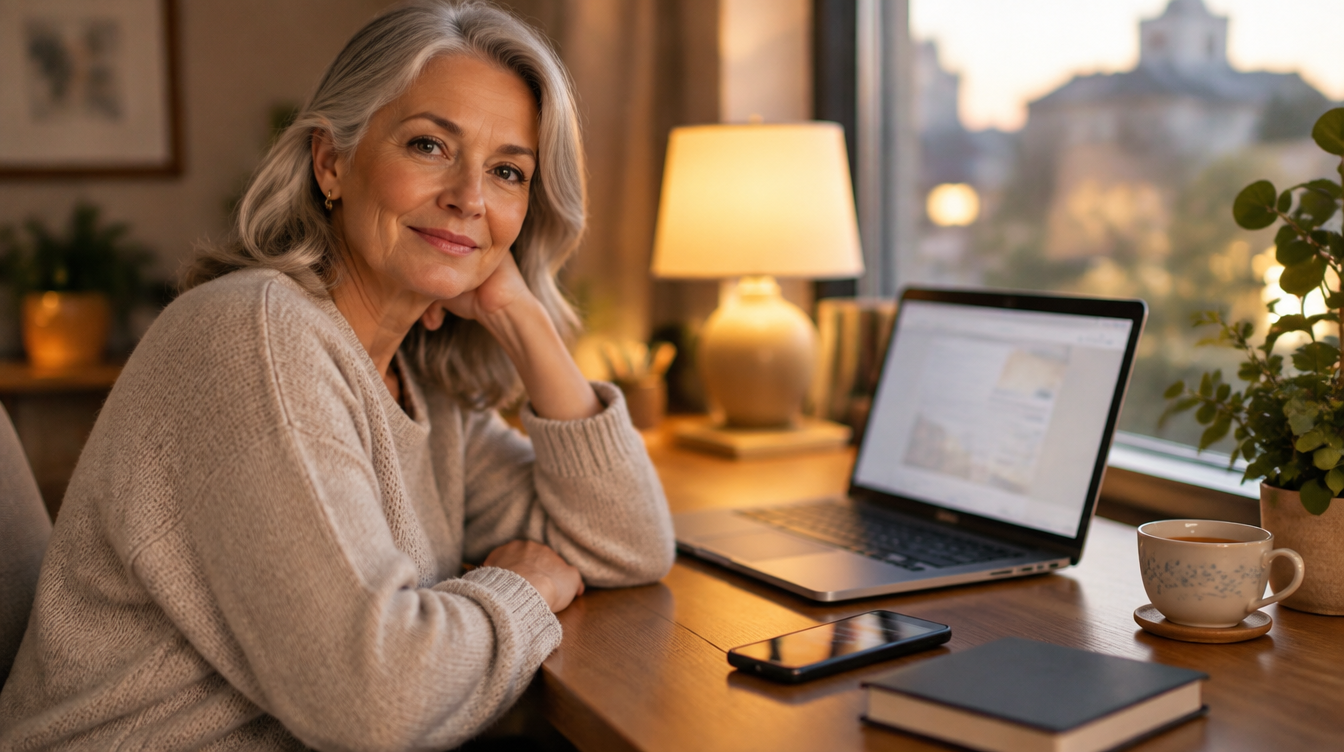 A woman at her desk with her laptop and phone, calm and reassured