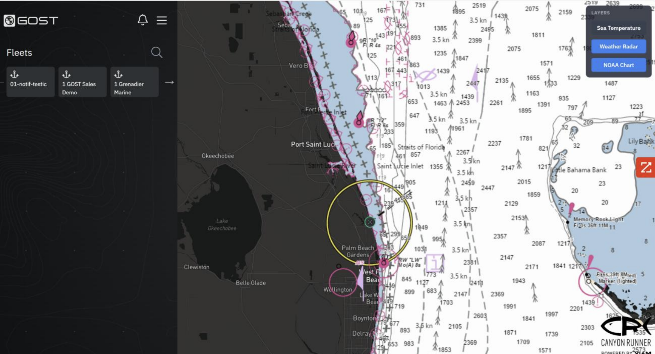 Marine map app with GOST Fleets panel, Florida coast and Bahamas charts, Palm Beach Gardens circled, layer buttons on right.