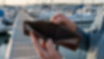 Hands holding an empty wallet by a marina, showcasing boats and docks. The setting is serene, but the mood suggests concern.