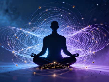 Quantum interconnection and coherence in human consciousness for FutureU Human Coaching - glowing wave patterns and entangled light.