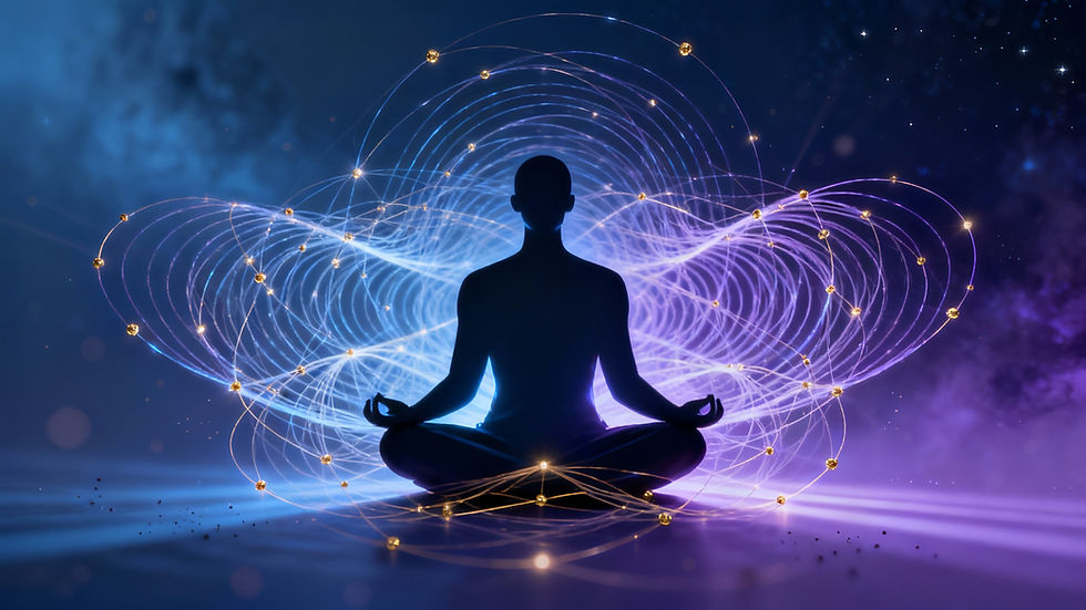 Quantum interconnection and coherence in human consciousness for FutureU Human Coaching - glowing wave patterns and entangled light.
