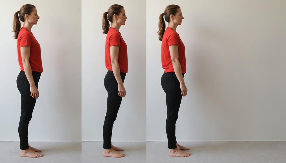 Woman in red shirt and black pants demonstrates improved posture in three side-by-side images against a plain white background.