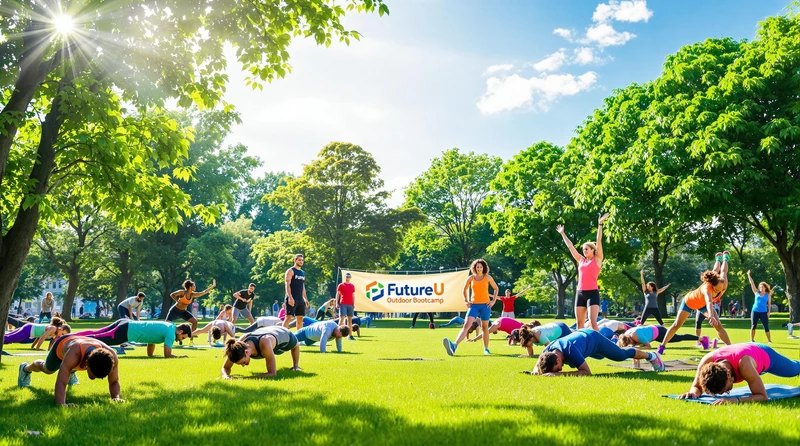a group of people doing push ups in front of a future u outdoor bootcamp banner