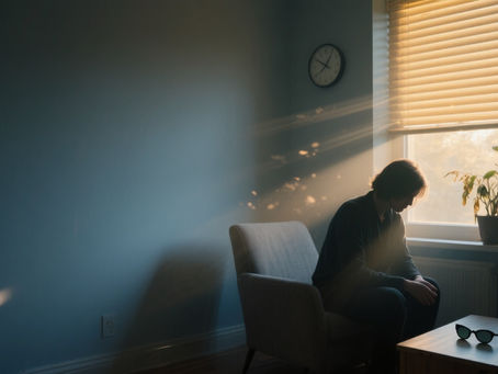 Silhouette sitting in a dim apartment, soft light leaking through blinds creating a somber, reflective mood.
