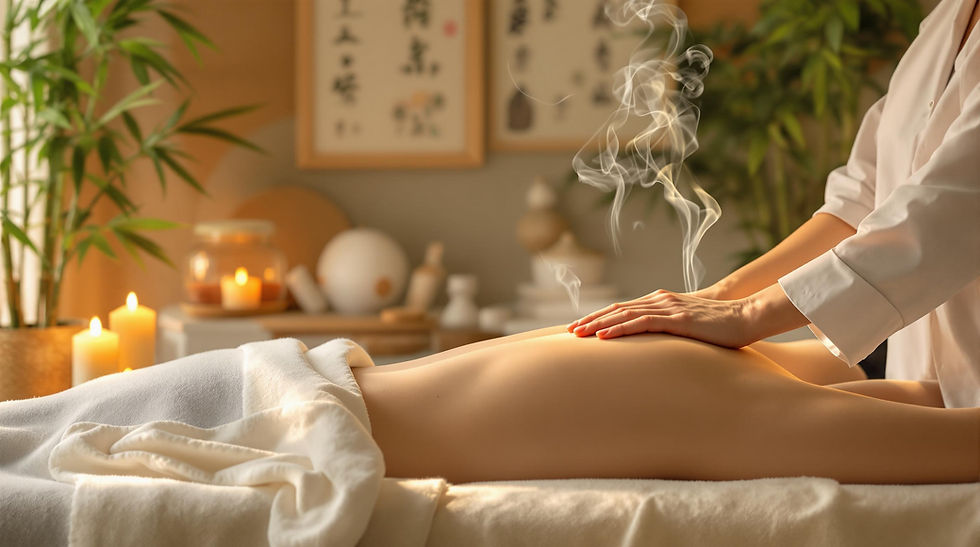 Person receiving a massage in a tranquil spa with candles and bamboo decor. Hands applying pressure, steam rising, and warm lighting.