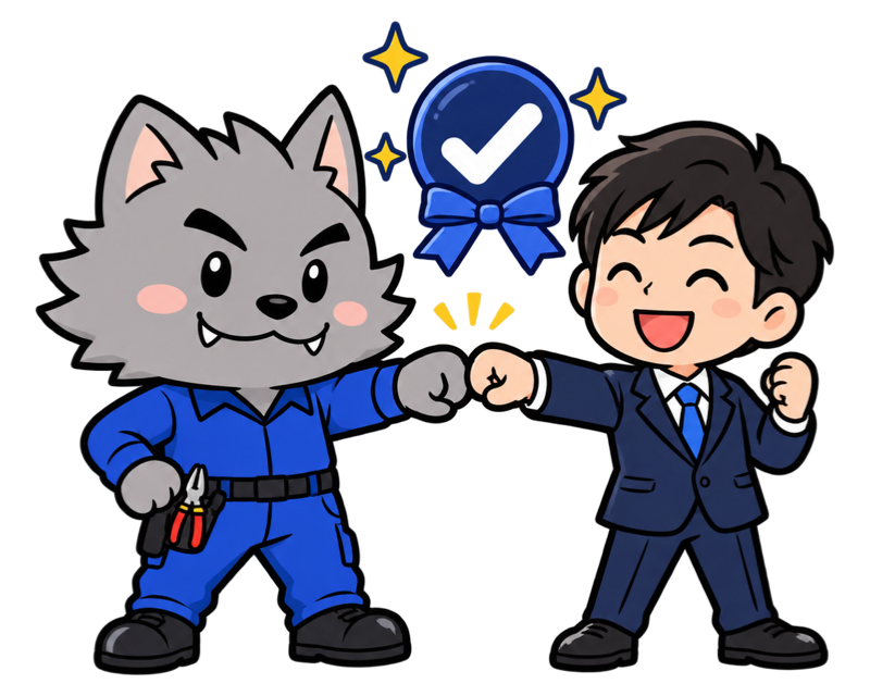 フリボンくんとお客様がこぶしを合わせ、上にリボン付きのチェックの印があるイラスト