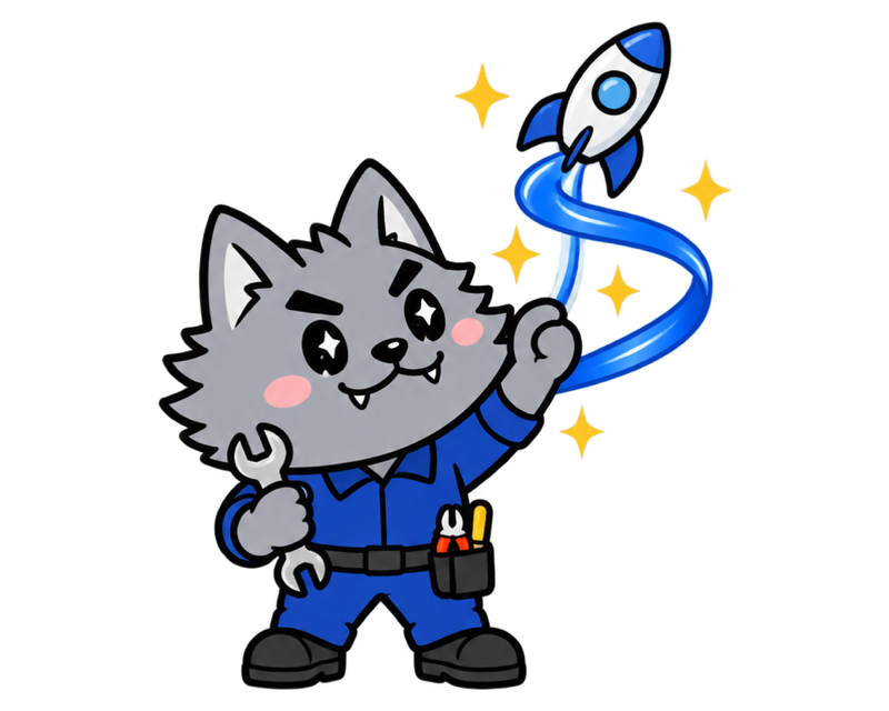 目を輝かせたフリボンくんが、リボンの軌跡を描く手作りのロケットを飛ばすイラスト