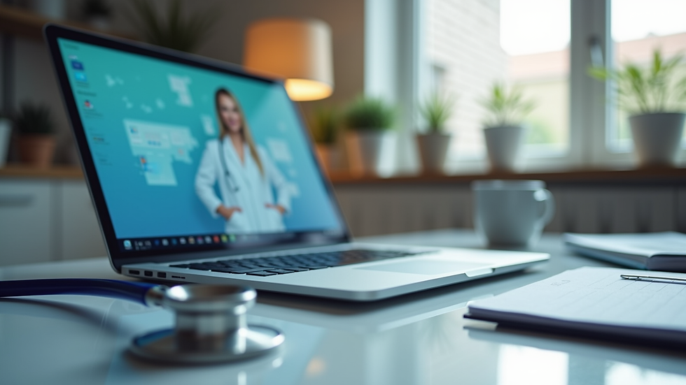 Eye-level view of a telehealth consultation setup with a laptop and medical supplies