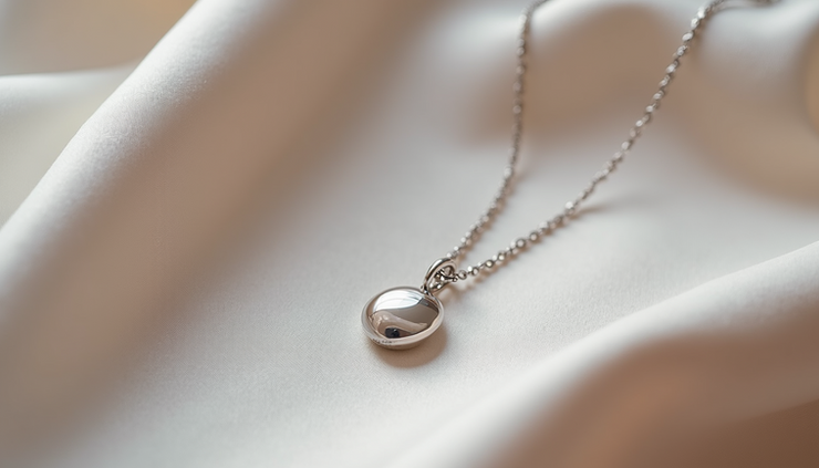 Close-up view of a delicate silver necklace on a soft fabric background