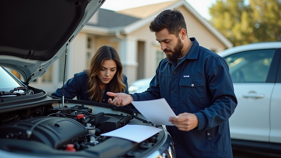 Close-up view of a mobile mechanic explaining car repair details to a customer beside a vehicle