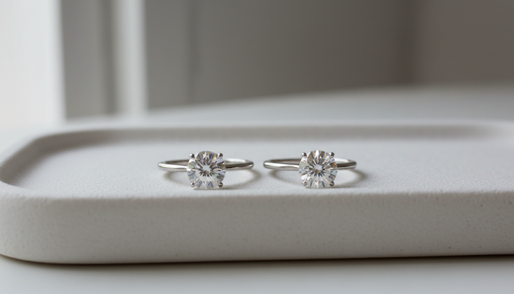 Close-up view of a moissanite ring beside a diamond ring on a white ceramic tray