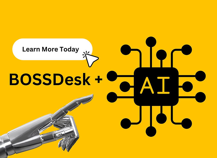 Robot hand points at "BOSSDesk + AI" on a yellow background with circuit design. Text reads "Learn More Today" with an arrow.