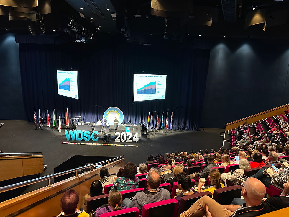 Audience watches a conference presentation in a large auditorium. Two screens show graphs on stage with the text "WDSC 2024" in blue.