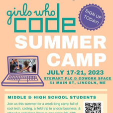 Flyer for Girls Who Code Summer Camp Project Login/Educate Maine July 2023