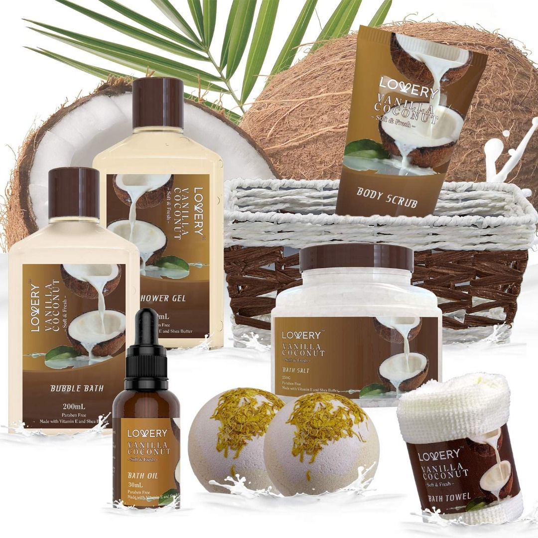 ath and Body Gift Basket For Women and Men – 9 Piece Set of Vanilla Coconut Home