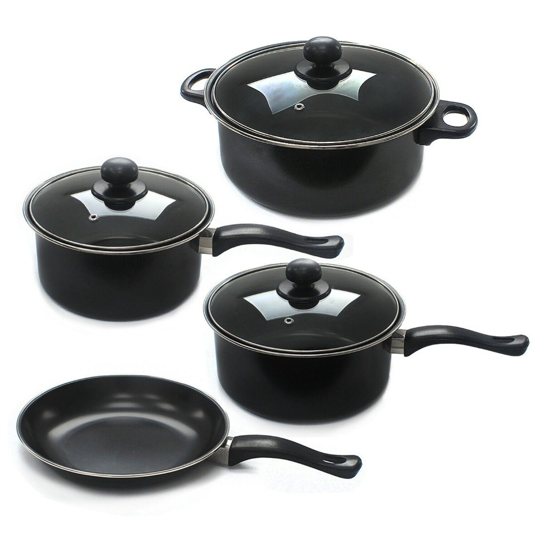 7 Piece Pan Set Black Cookware Saucepan Frying Non Stick Fry Cooking Casserole