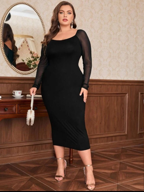 Thumbnail: SHEIN Plus Scoop Neck Contrast Mesh Bodycon Dress