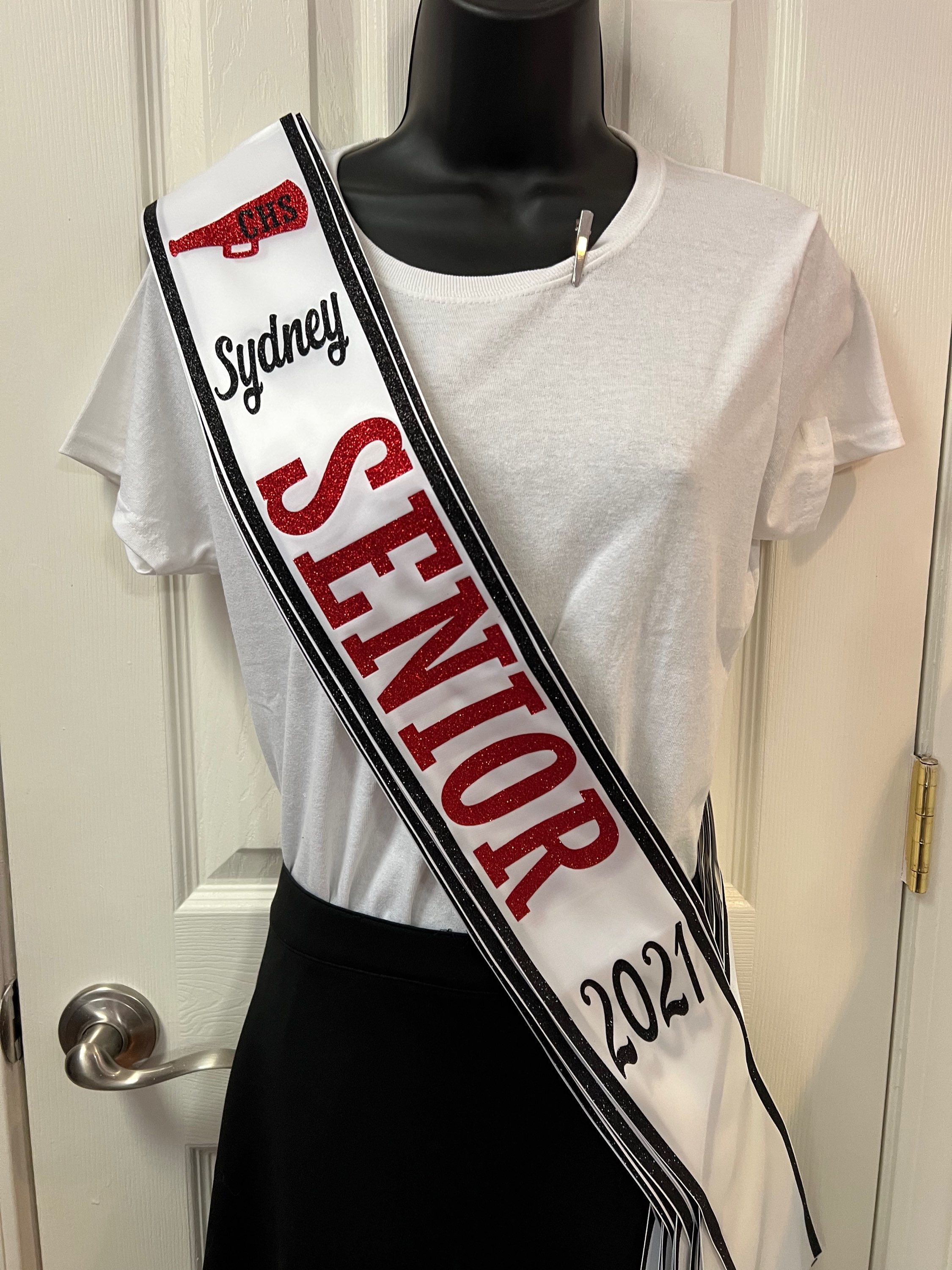 Full Glitter Trimmed Senior Sash White, Black & Red