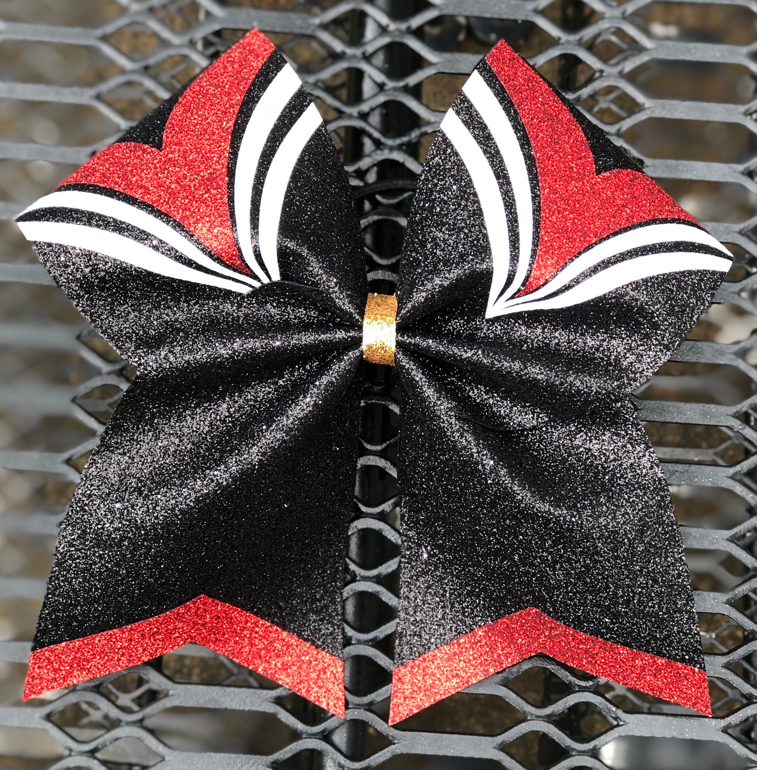 Black, Red & Silver Full Glitter Cheer Bow w/ V Peak & V Tails 