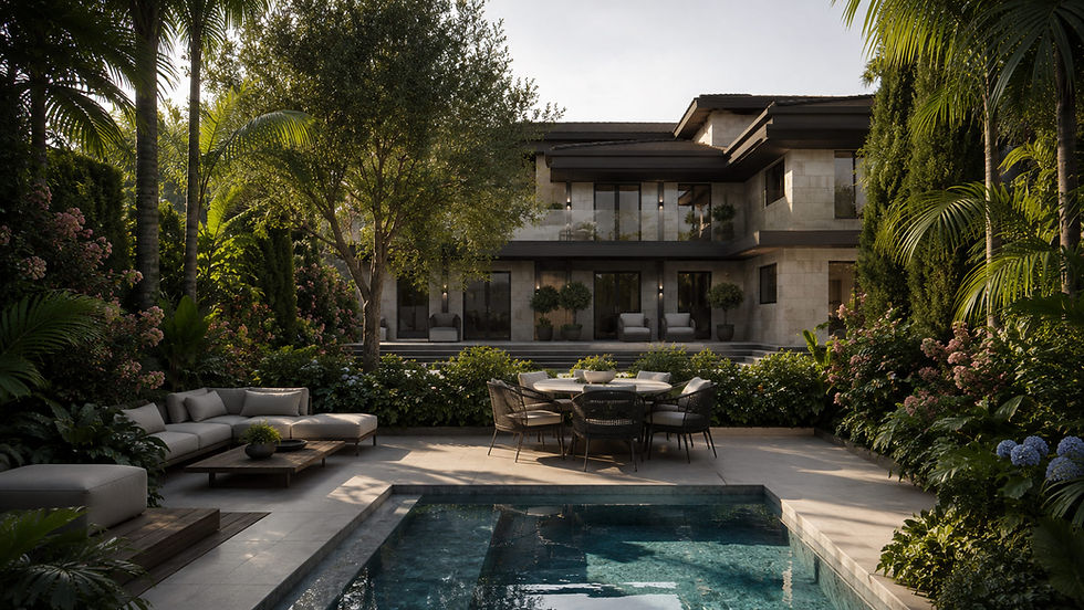 Luxury backyard with pool, lounge, and Roquebrune Collection furniture