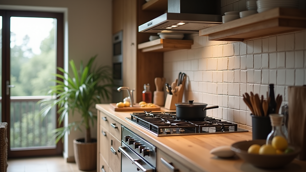 Close-up view of a fully equipped kitchen in a Monteurhaus