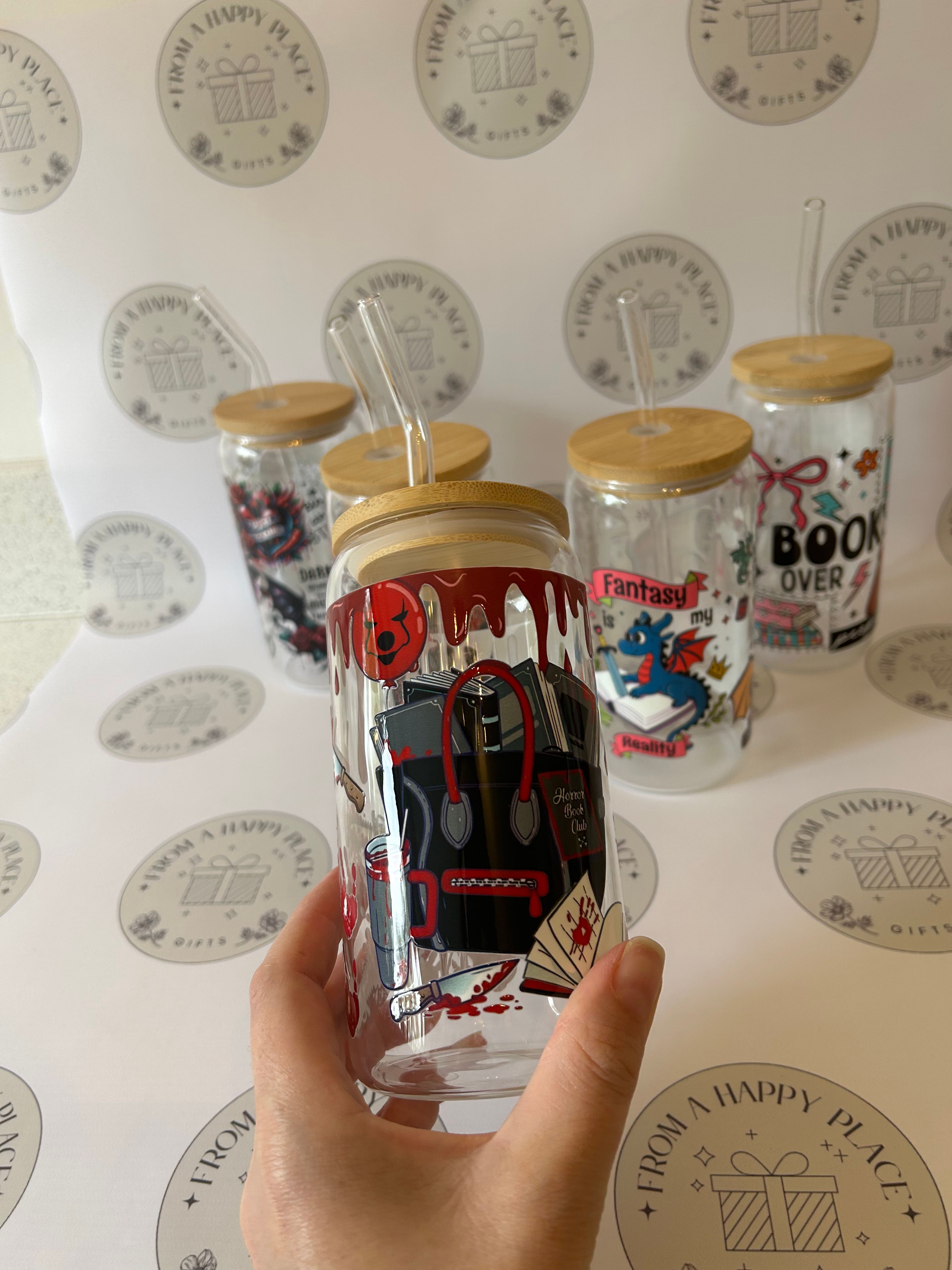 Horror glass can with a glass straw and bamboo lid