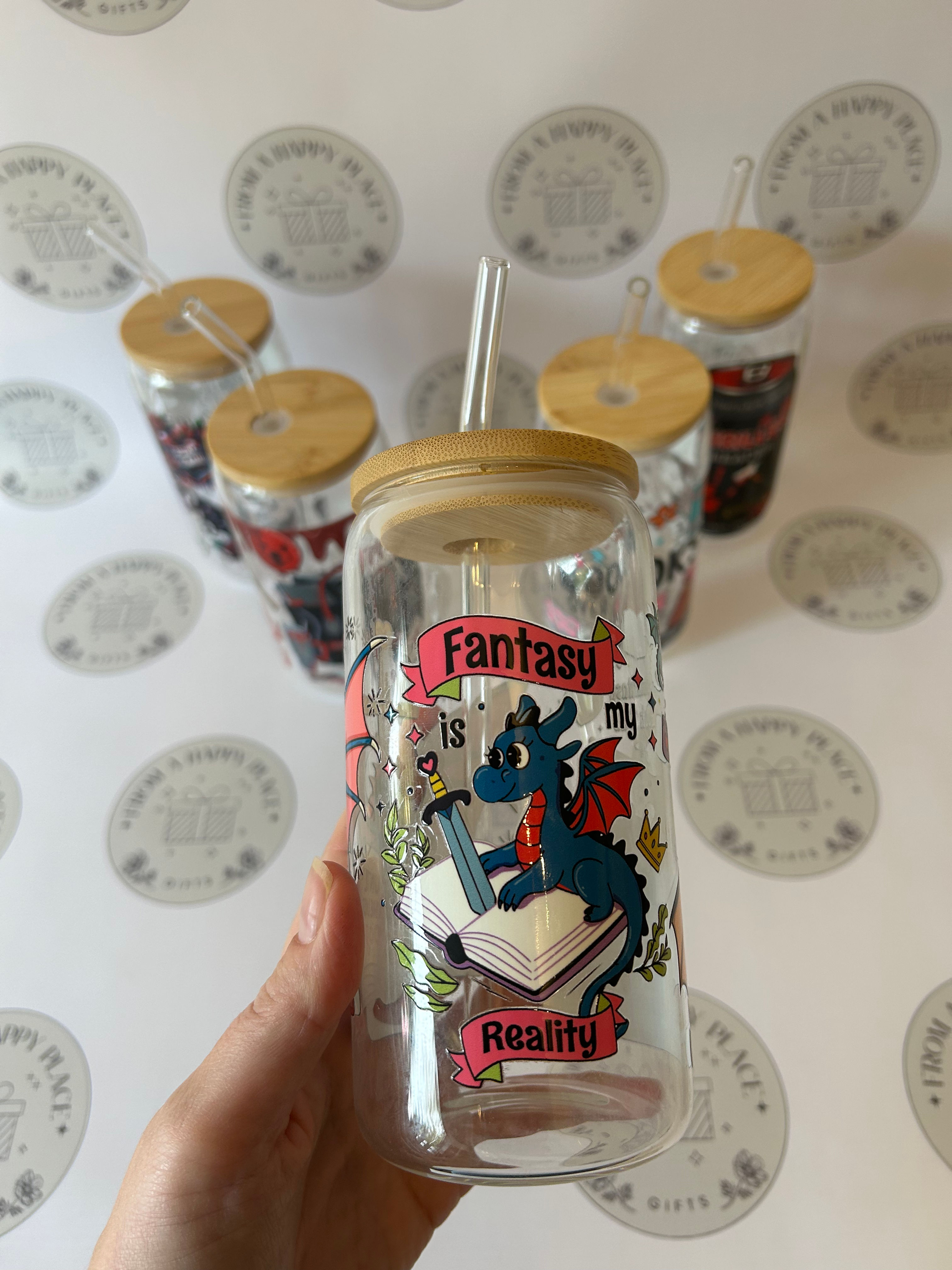 Fantasy glass can with a glass straw and bamboo lid