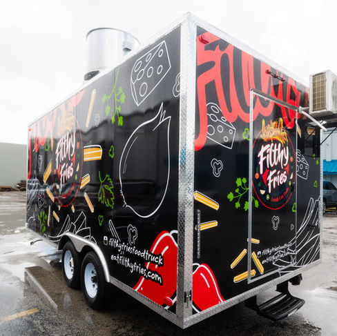 Filthy Fries gourmet fries food truck custom wrap design, back side view, black and red graphicss Food Truck – Custom Wrap Design Back Side View