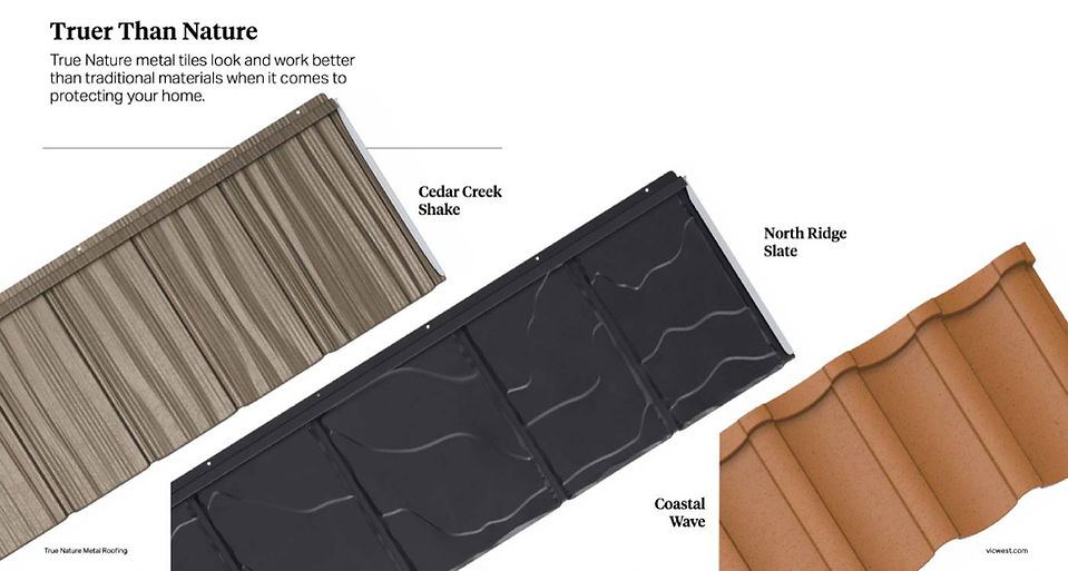 Metal Tile options - Cedar Creek Shake, North Ridge Slate, and Coastal Wave.