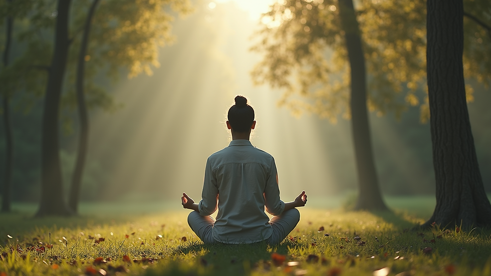 Eye-level view of a person meditating in a serene environment