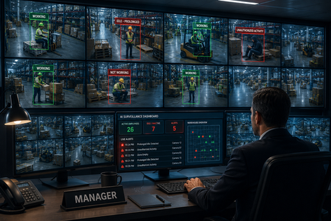 A manager monitoring employees using AI video analytic surveillance to find out who's working and who's not.