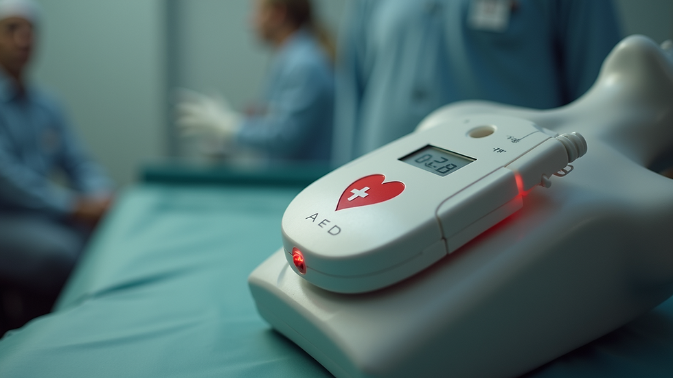 Eye-level view of an AED device on a training mannequin