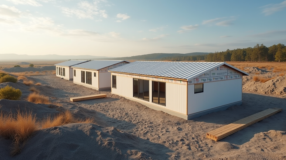 High angle view of modular home construction site with foundation and modules