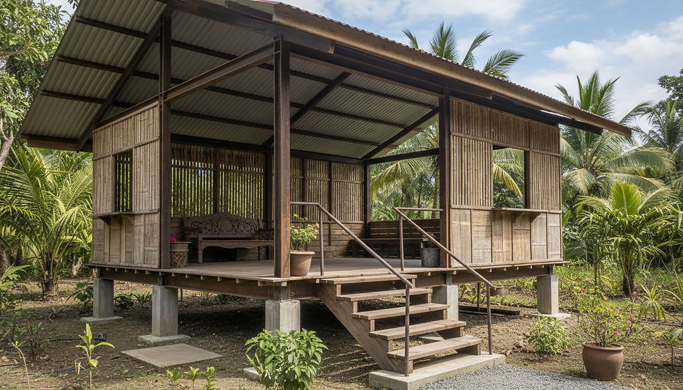 Bamboo hut with open sides and a thatched roof, surrounded by lush greenery and palm trees. Wooden stairs and a carved bench inside.