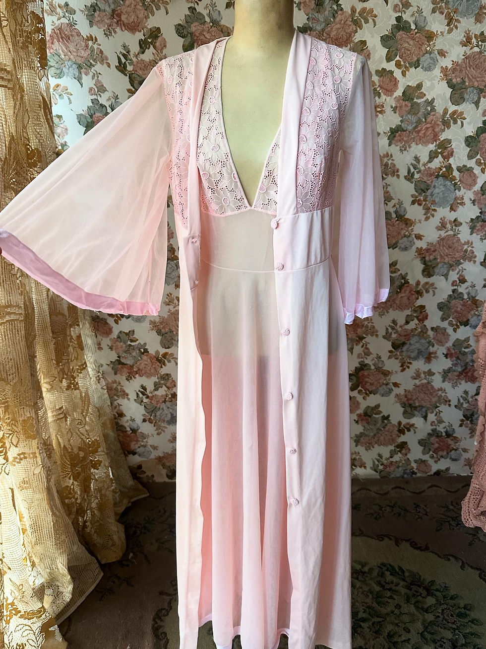 Miniatura: Conjunto vintage camisola e Peignoir organza e Richelieu rosa 