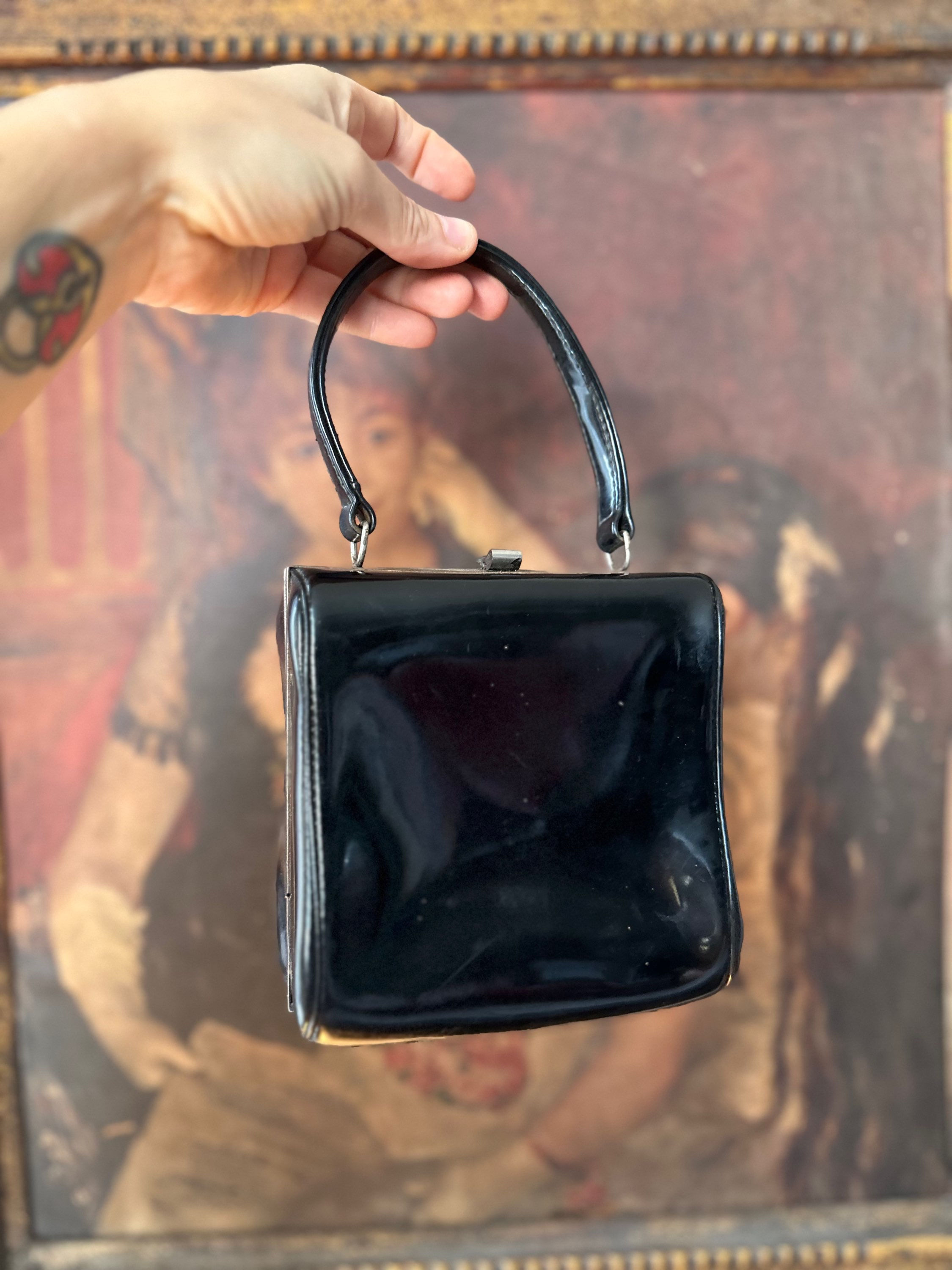 Bolsa vintage 1950/60 couro verniz preto 
