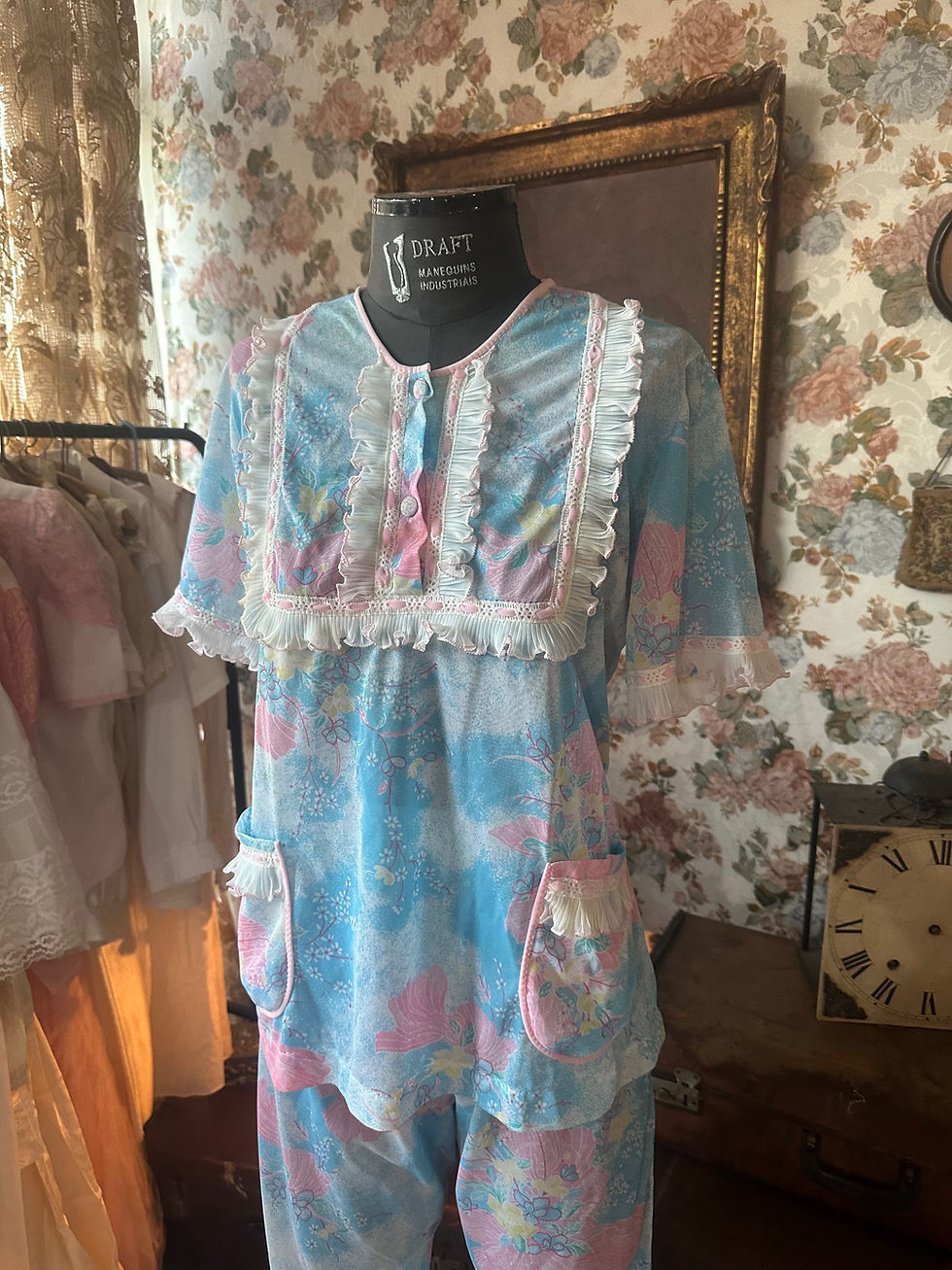 Miniatura: Pijama vintage 1960/70 floral azul e rosa 