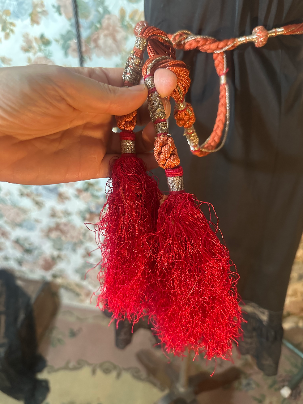 Miniatura: Cinto vintage 1970 trançado tassel vermelho dourado 