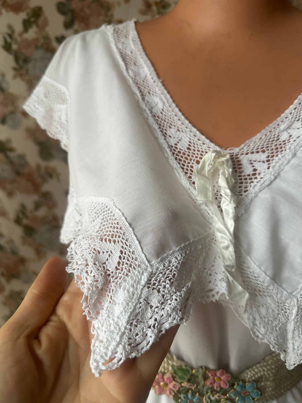 Miniatura: Vestido vintage romântico estilo 1910 máxi gola branco rendas 