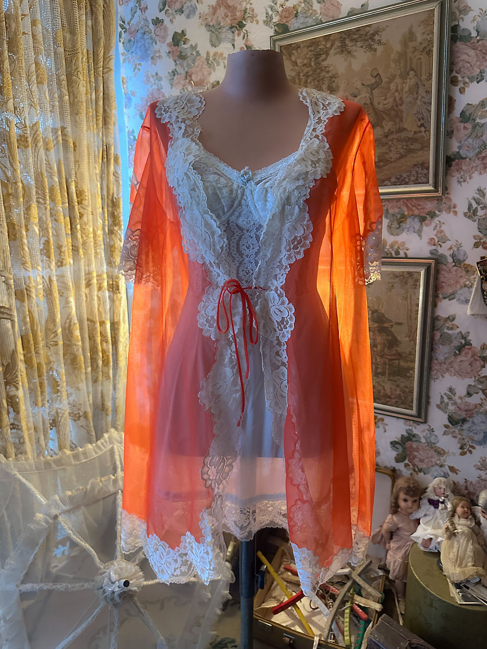Miniatura: Peignoir /robe vintage 1950 rosa flamingo rendas brancas 