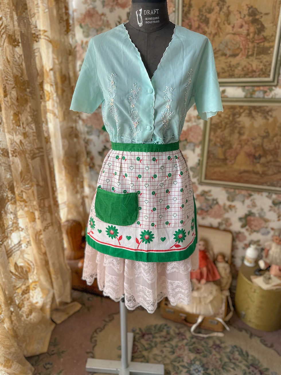 Miniatura: Avental vintage campestre flores verdes 