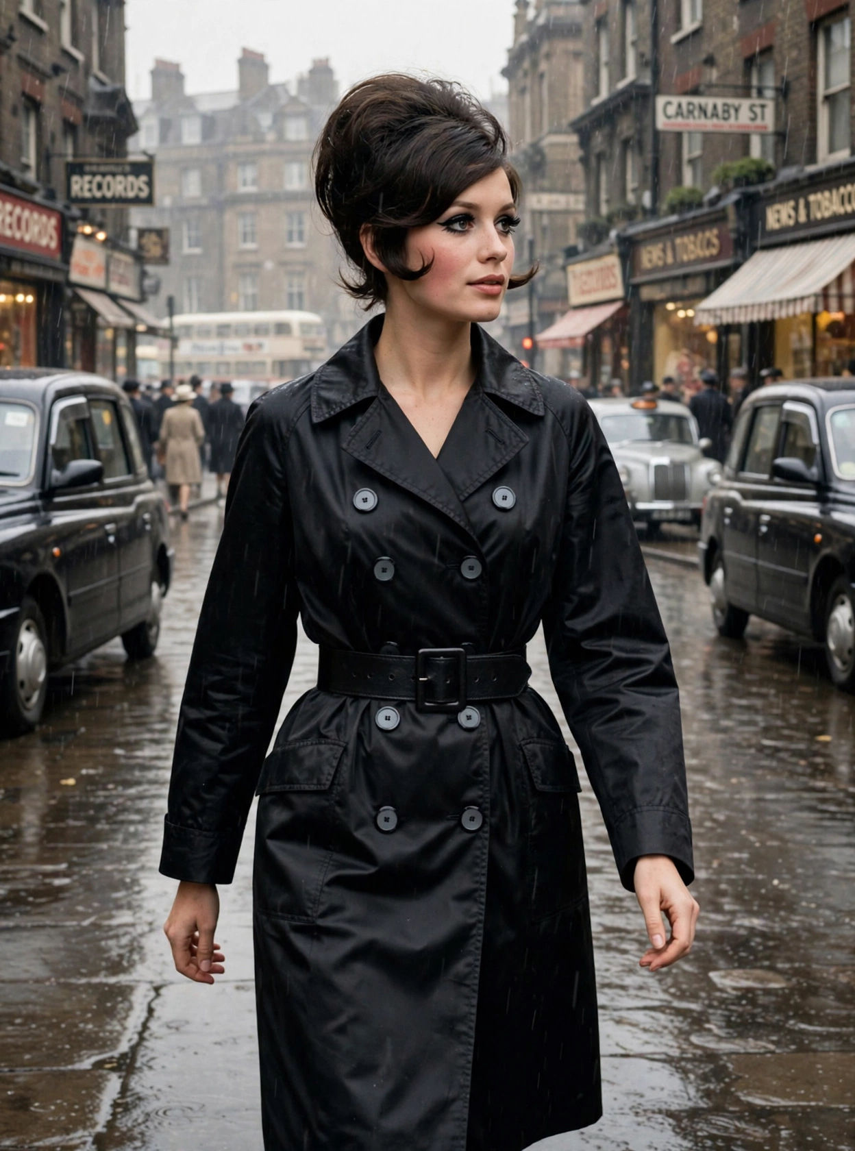 Casaco trench coat vintage 60/70 em tecido impermeável preto 