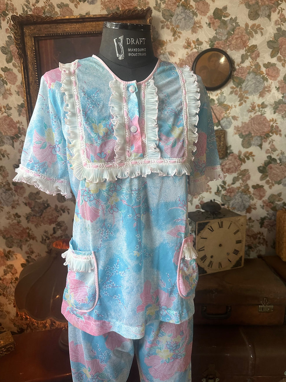 Miniatura: Pijama vintage 1960/70 floral azul e rosa 