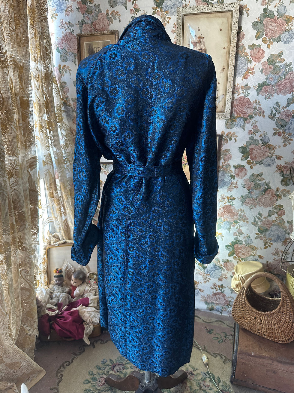 Miniatura: robe Smoking Jacket robe vintage em seda adamascada azul e preto 